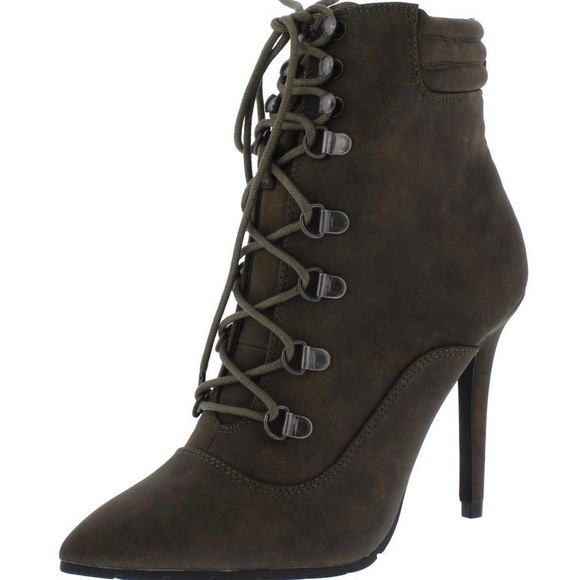 Qupid Nubuck PU Khaki Lace Up Heel Booties - Picture 1 of 8